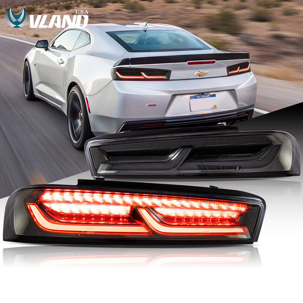 VLAND LED Smoked Tail Lights W/Red Sequential Turn For 2016-2018 Chevy Camaro