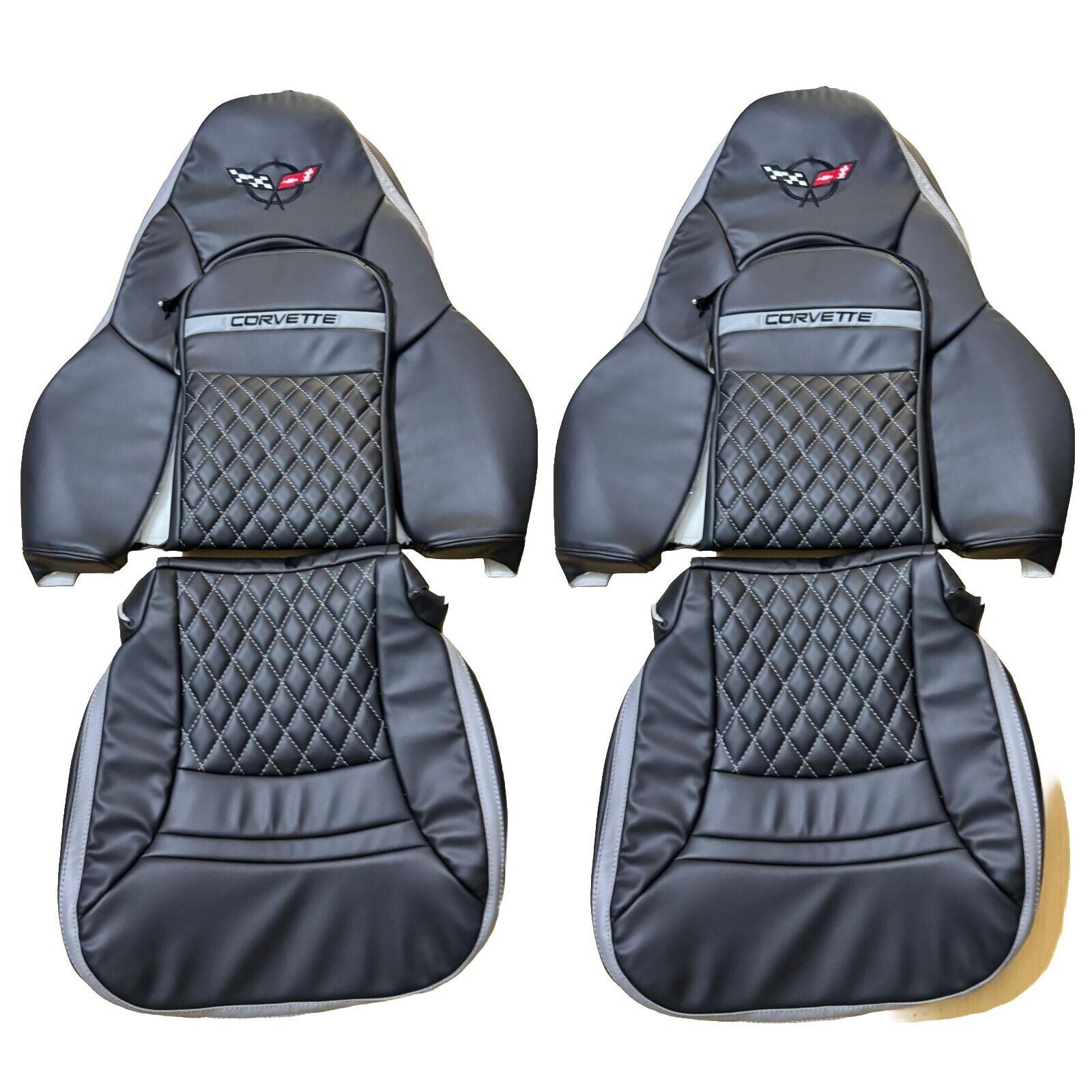 Chevy Corvette C5 Sports Seat Covers In Full Gray & Black Diamond Stitch 