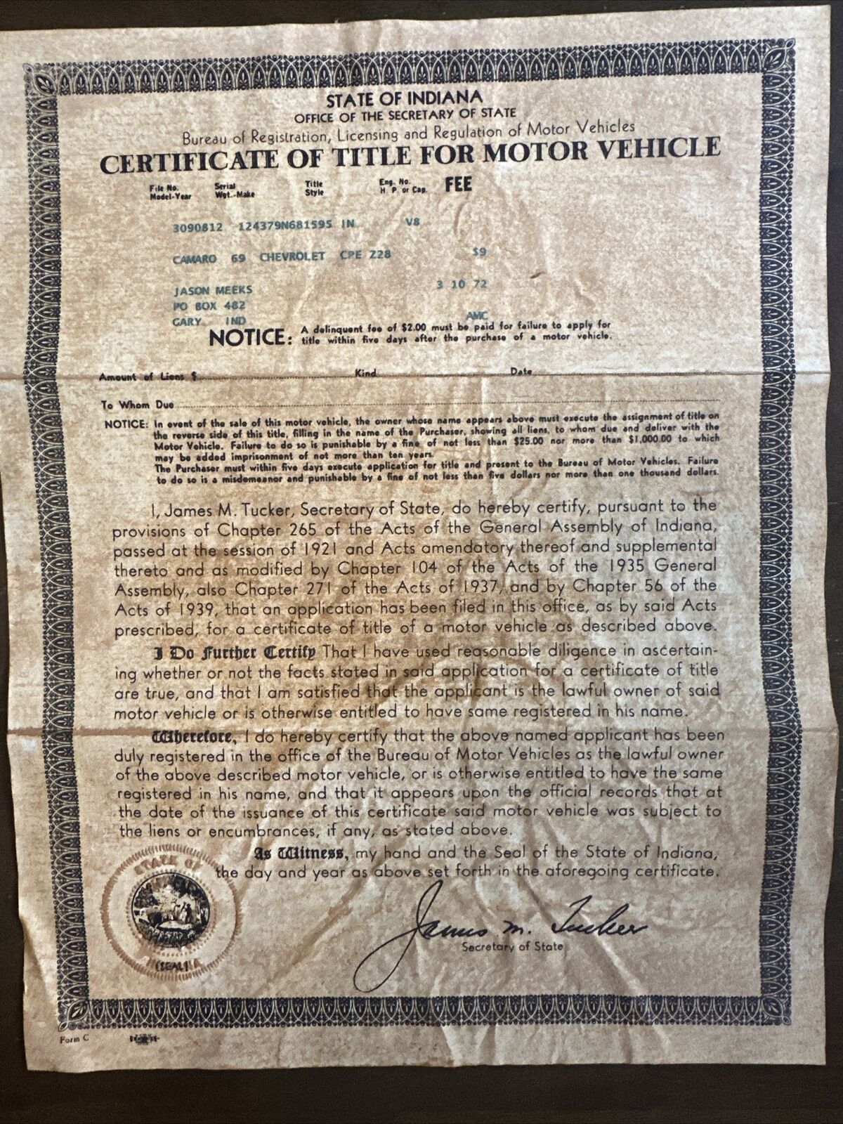1969 Chevrolet Camaro Z28 Coupe   historical document Collectible Certificate