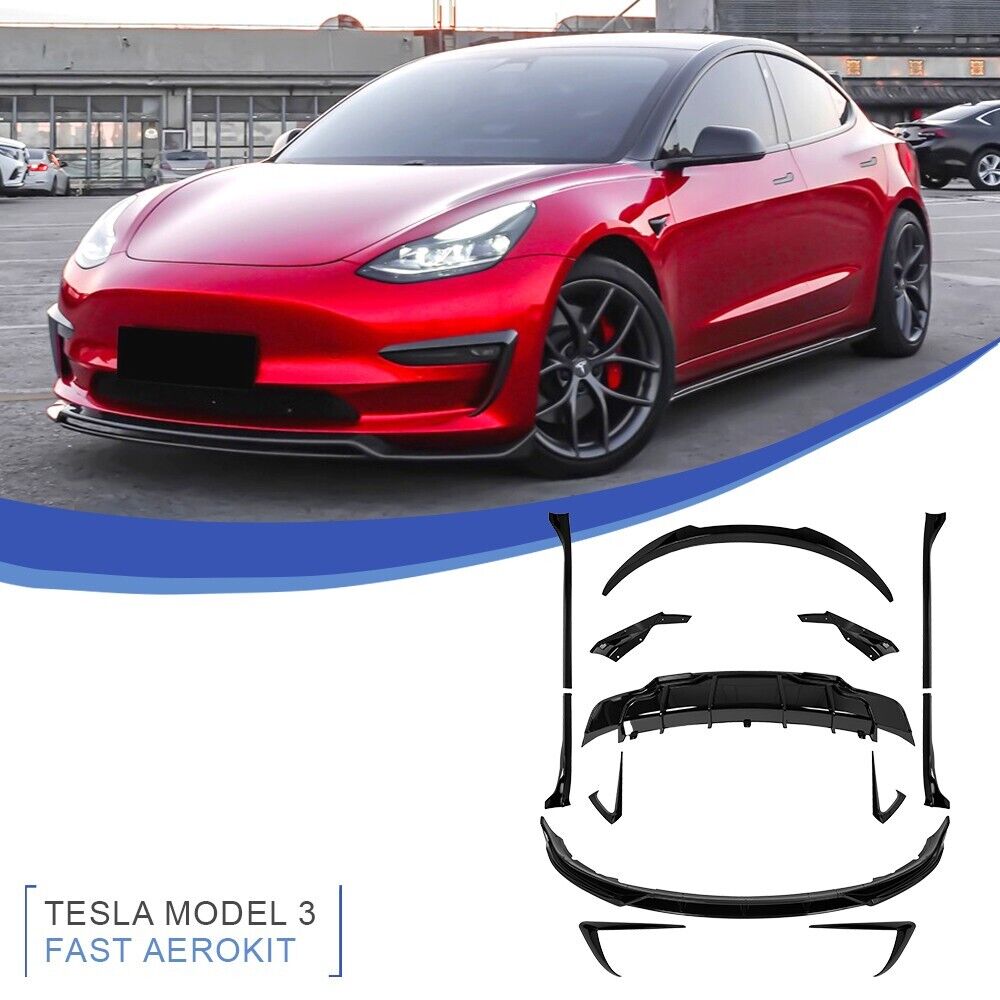 Carbon Look Fit Tesla Model 3 AeroKit Front Solitter Rear Diffuser Skirt Bodykit