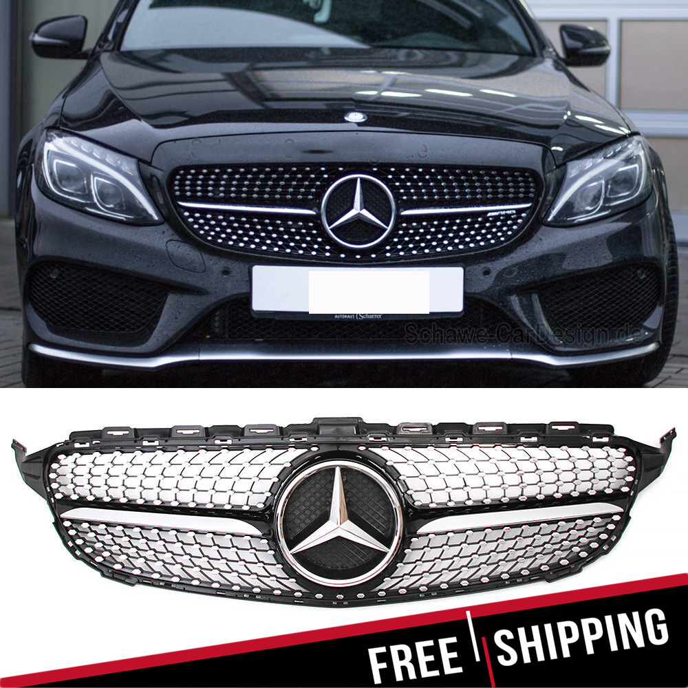 Black Grille Grill w/Star For Mercedes Benz W205 C43AMG C200 C250 C300 2015-2018