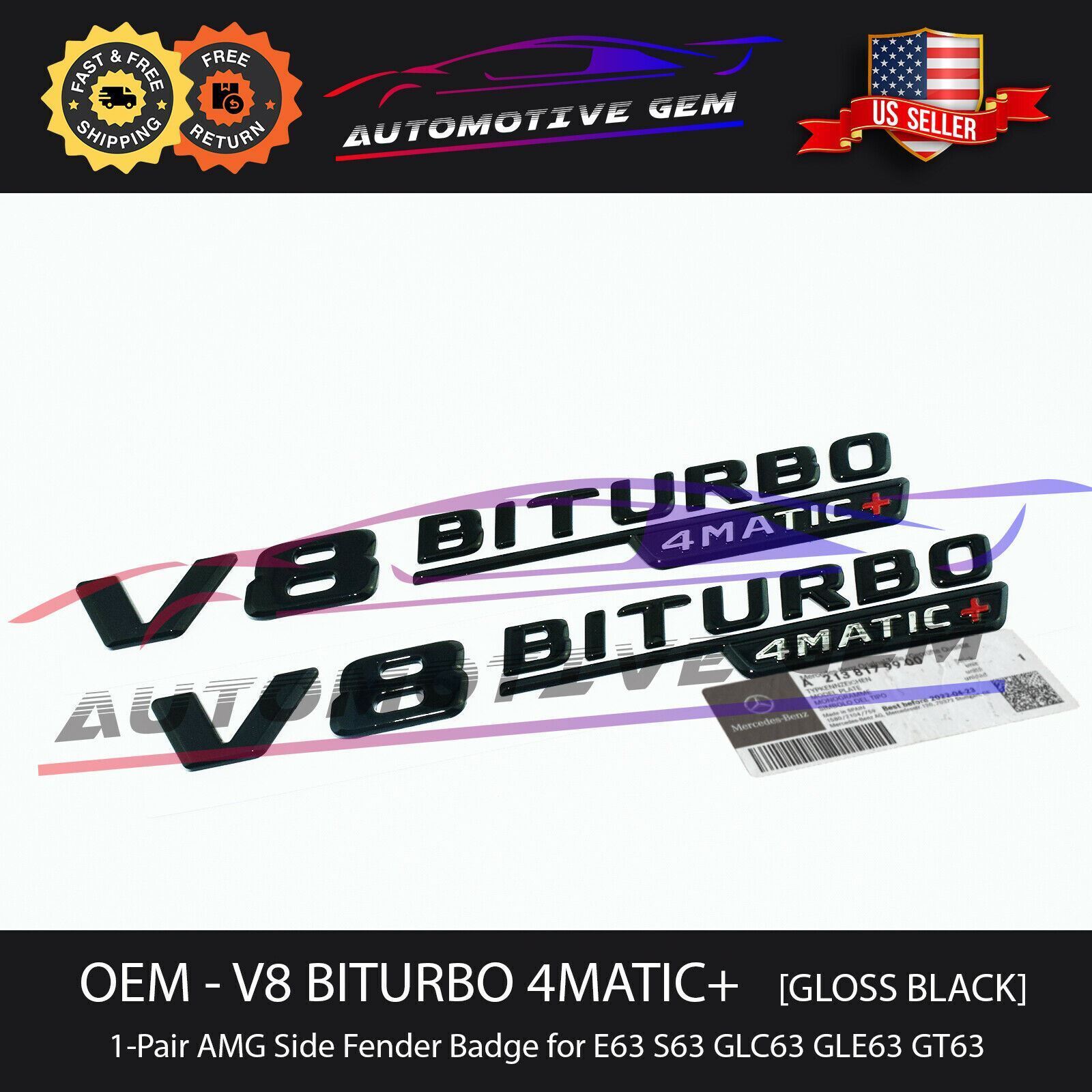 OEM V8 BITURBO 4MATIC+ Plus AMG Fender Emblem Gloss Black Mercedes E63 S63 GT63