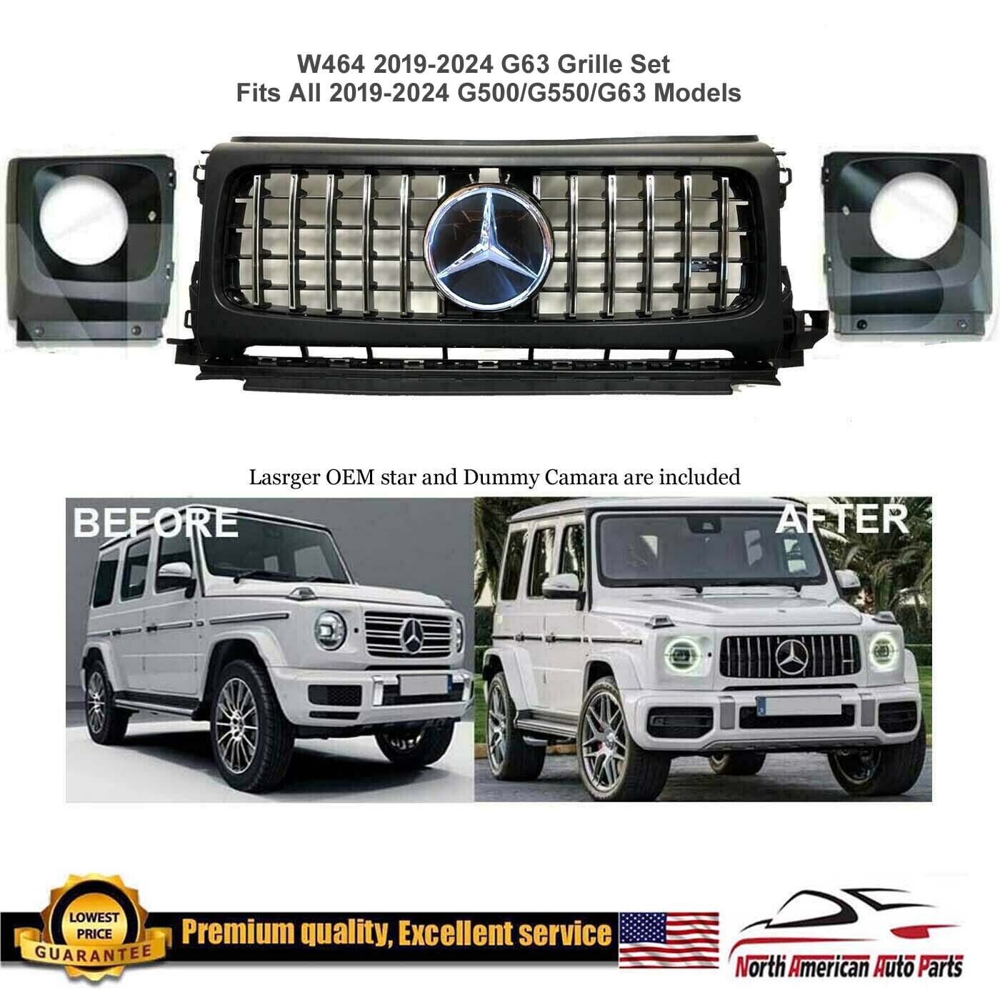 G63 Grille + Headlight Covers Star G500 G550 To AMG 2019 2020 2021 2022 2023
